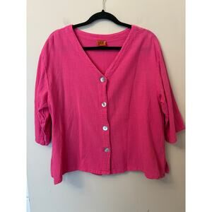 Oh My Gauze! Pink Cotton Button Down Shirt 3/4 Sleeve Artsy Lagen Size 2 Large